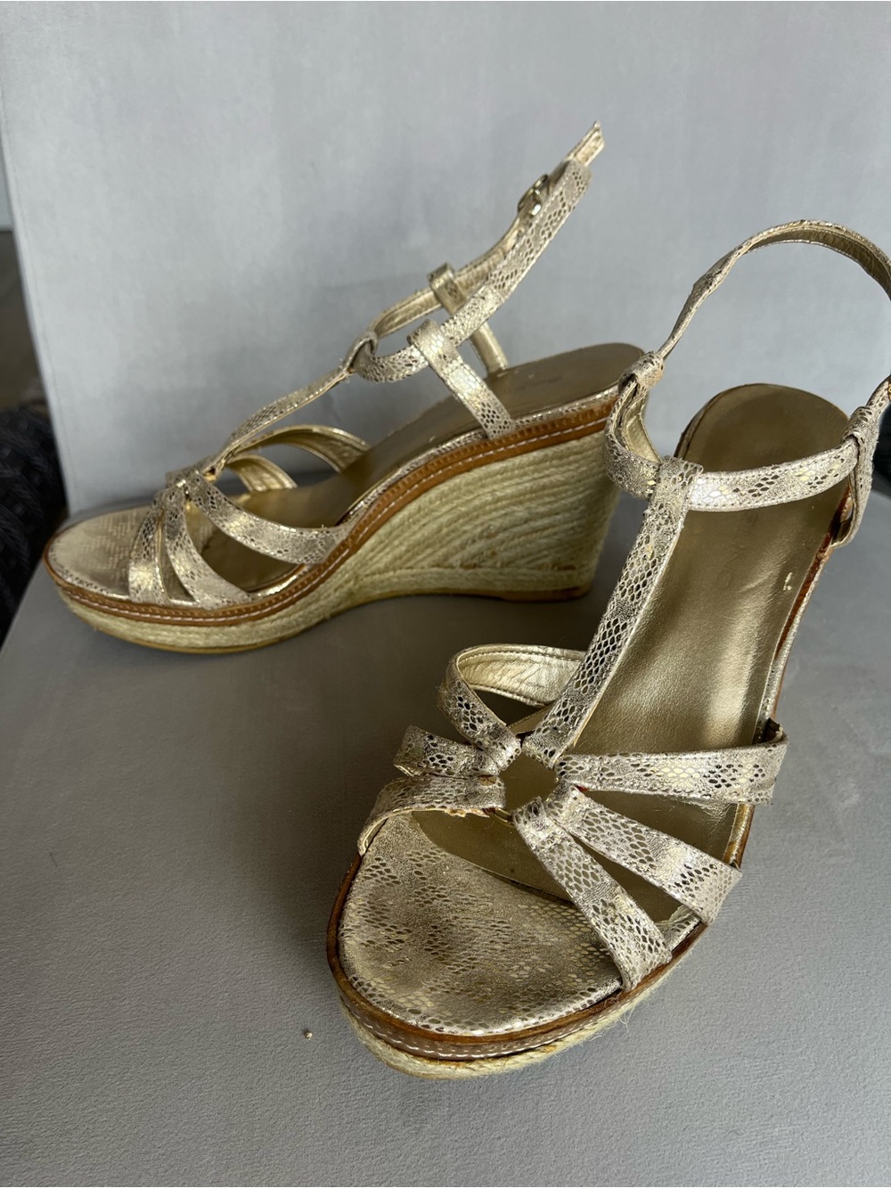 Bandolino Metallic Gold Snakeskin Espadrilles Wedge Sandals
